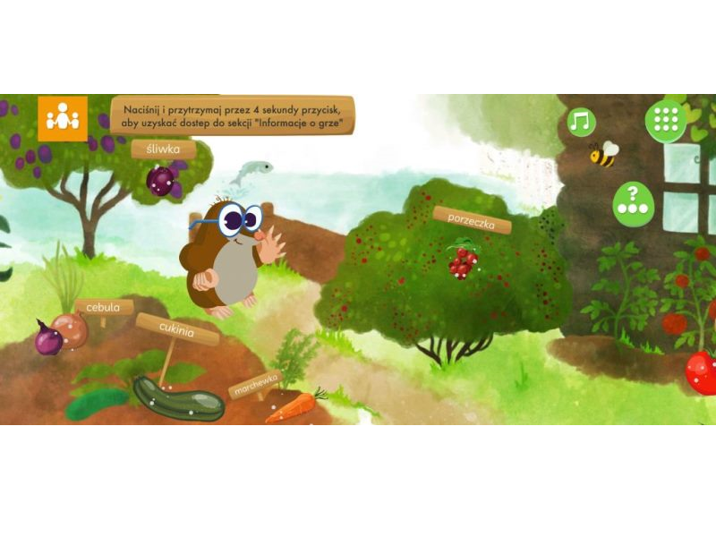 Kreskówkowy krecik w okularach patrzy na porzeczkę, cukinię, cebulę i marchewkę. Opis dotyczący gry co zrobić by uzyskać dostęp do sekcji Informacje o grze